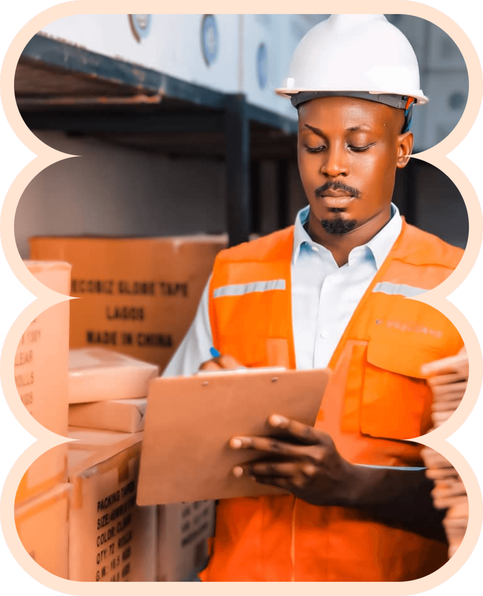 Logistics worker with clipboard in a warehouse