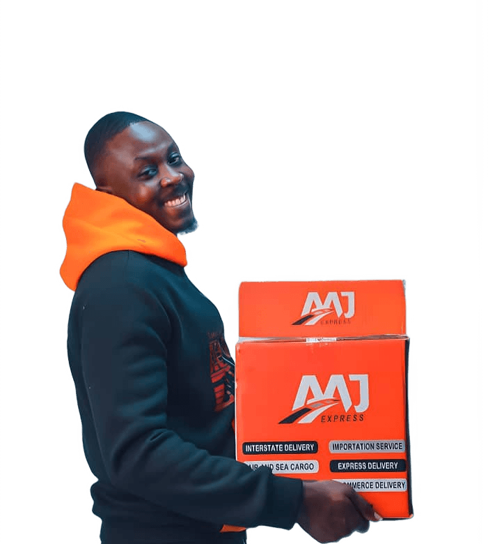 A smiling man carrying AMJ Express boxes